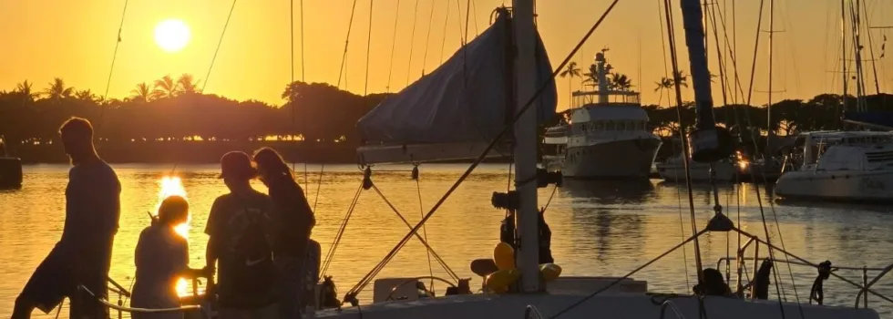 Sunset at ala wai boat harbor catamaran