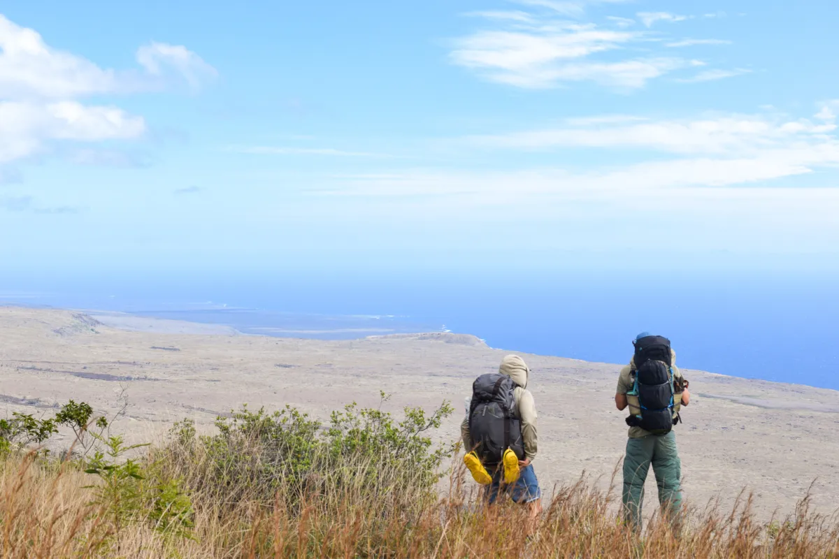 hikers overlooking hawaii's volcanoes national park coastal back country