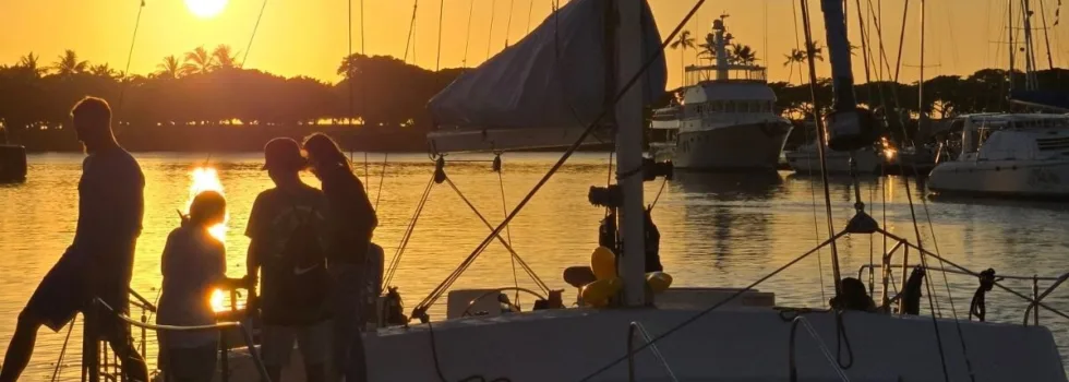 Sunset at ala wai boat harbor catamaran