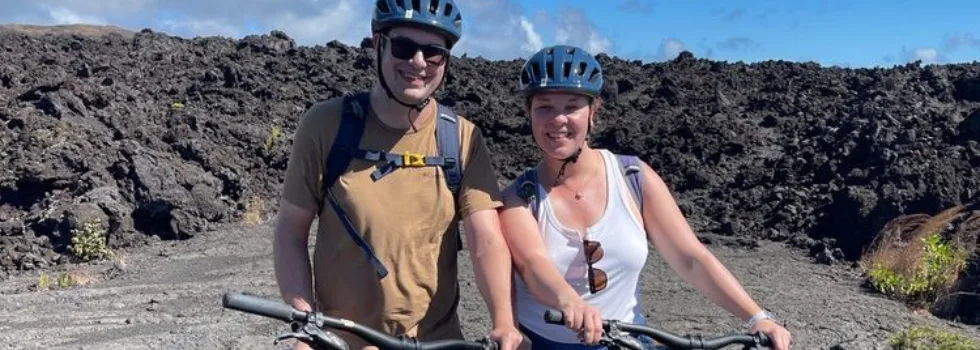 Couple during volcano bike tour hawaii
