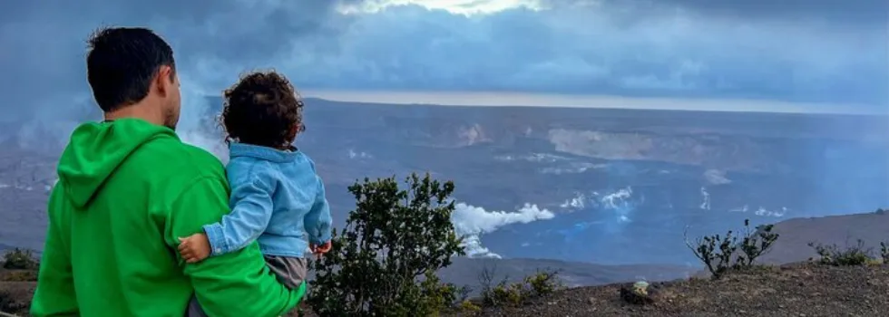Father son at volcano lookout