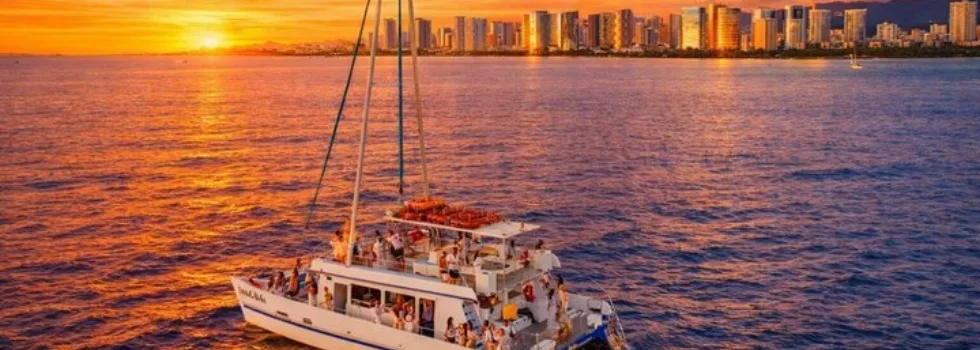 Sunset over waikiki from catamaran