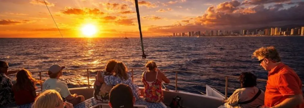 Waikiki group watches sunset from catamaran