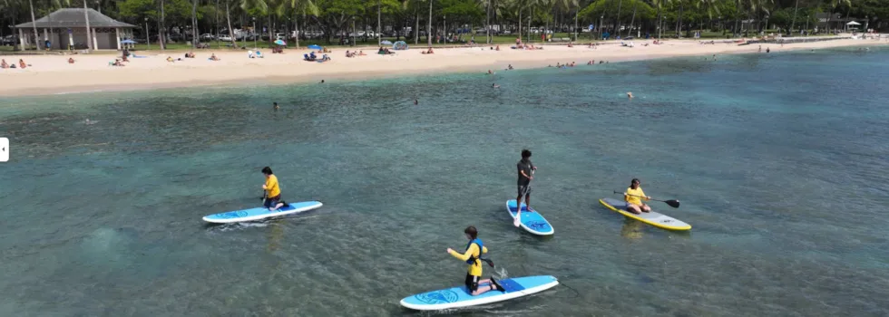 People learning to stand up paddle at publics beach waikiki