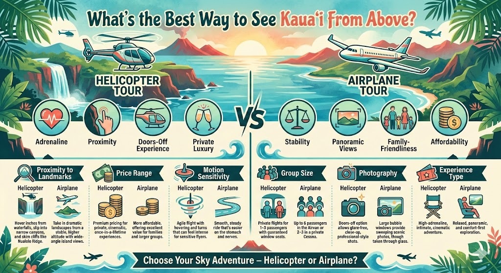 A vibrant, tropical-themed infographic titled 'What’s the Best Way to See Kauaʻi From Above?' comparing Helicopter Tours and Airplane Tours. The design is split vertically: the left side (Helicopter) uses lush greens and icons for adrenaline and proximity; the right side (Airplane) uses ocean blues and icons for stability and affordability. Six categories are compared: Proximity (Helicopter hovers near cliffs vs. Airplane higher altitude), Price (Premium vs. Affordable), Motion Sensitivity (Agile vs. Smooth), Group Size (1–3 vs. up to 6), Photography (Doors-off vs. Bubble windows), and Experience (High-adrenaline vs. Relaxed). A bottom banner reads: 'Choose Your Sky Adventure – Helicopter or Airplane?