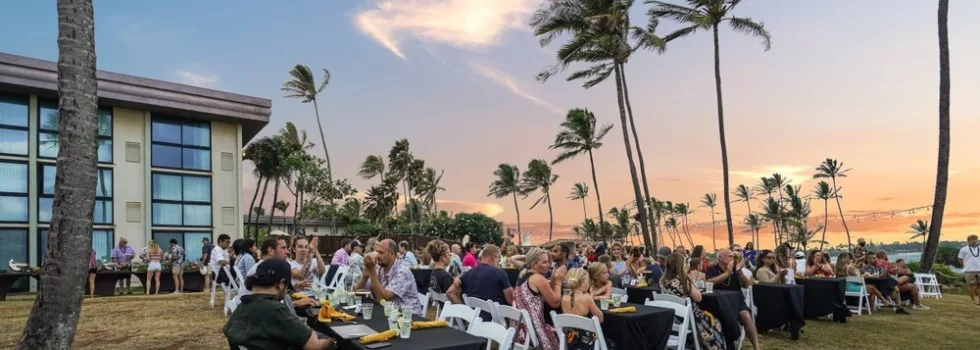 Luau table layout at sunset