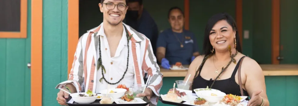 Luau guests with food options at koolina