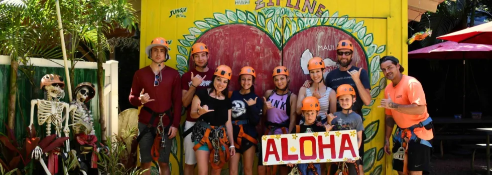 Group posing before maui zipline tour