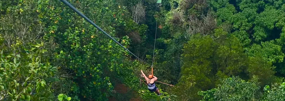 Zipline guest over jungle ocean view