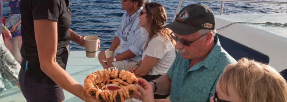 Shrimp cocktail served on maui catamaran