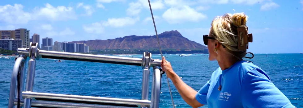 Catamaran crew looking at diamond head
