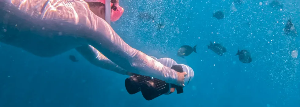Snorkel with fish sea scooter