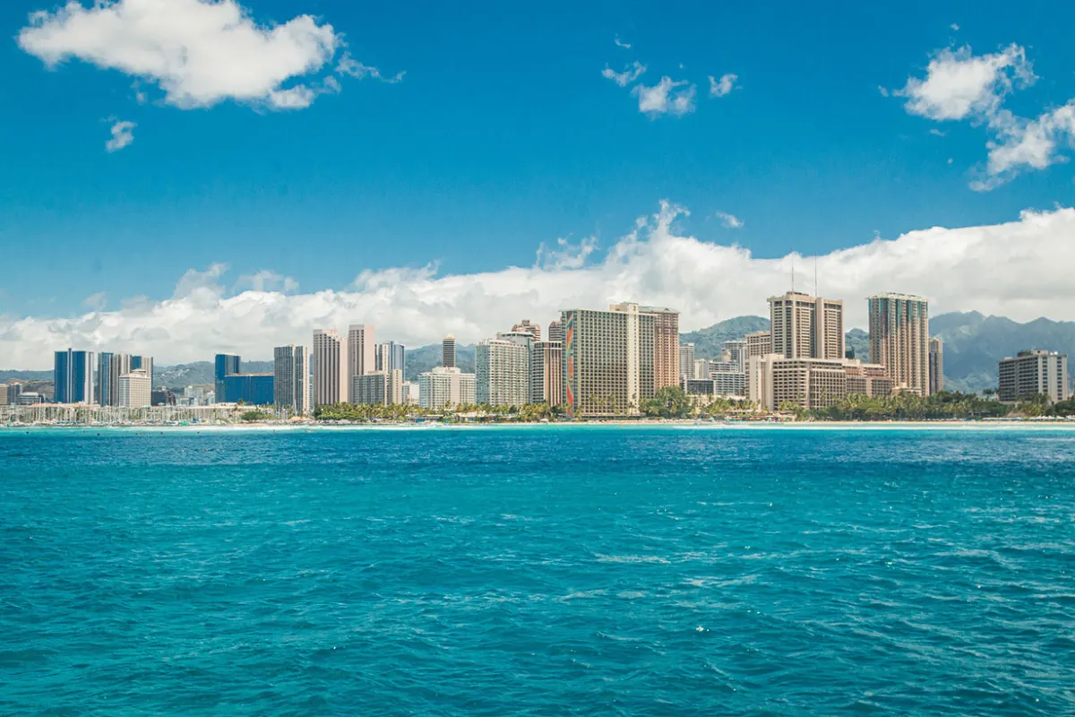 Scenic shot of Waikiki from snorkeling tour boat